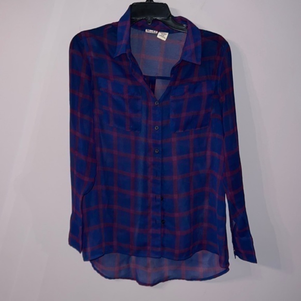 See through plaid print button down mudd small